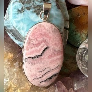 Rhodochrosite large stone sterling silver pendant
